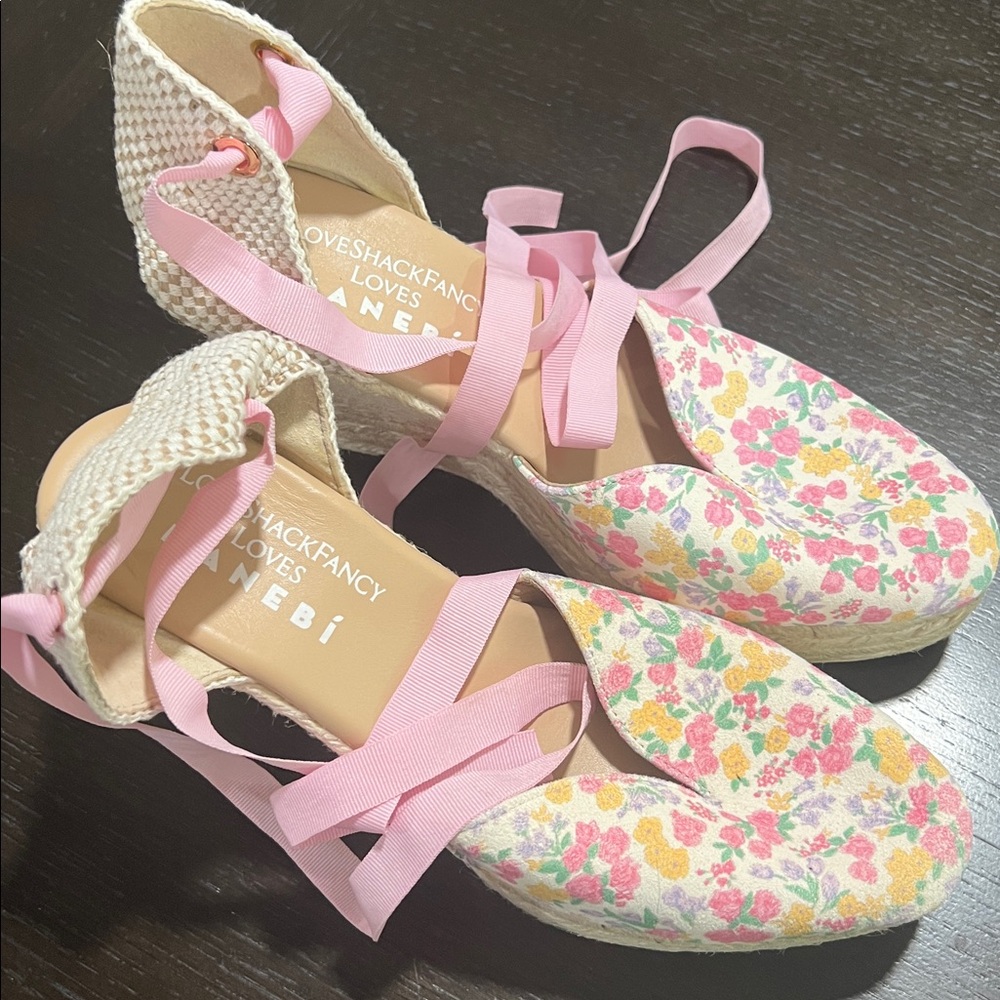 LoveShackFancy Floral Espadrilles with Pink Ties
New